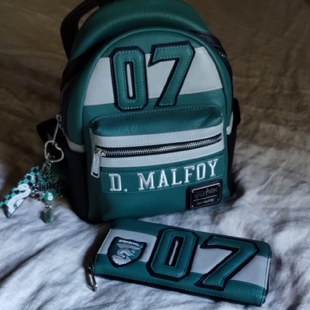 Teal and White  Loungfly Draco Malfoy Quidditch Slytherin Backpack Wallet Set